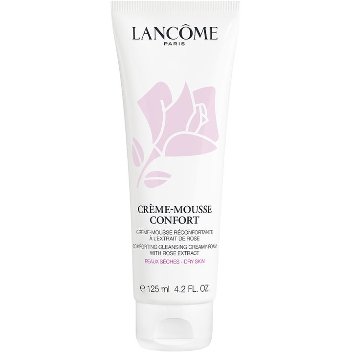 Lancôme Crème-Mousse Confort 125 ml beroligende renseskum for tørr hud i en hvit tube med rosa roseillustrasjon