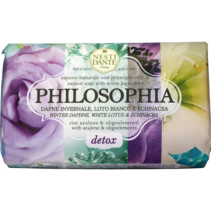 Nesti Dante Philosophia Detox 250g rensende fast såpe med azulen i papir med lilla og hvite blomstermotiver