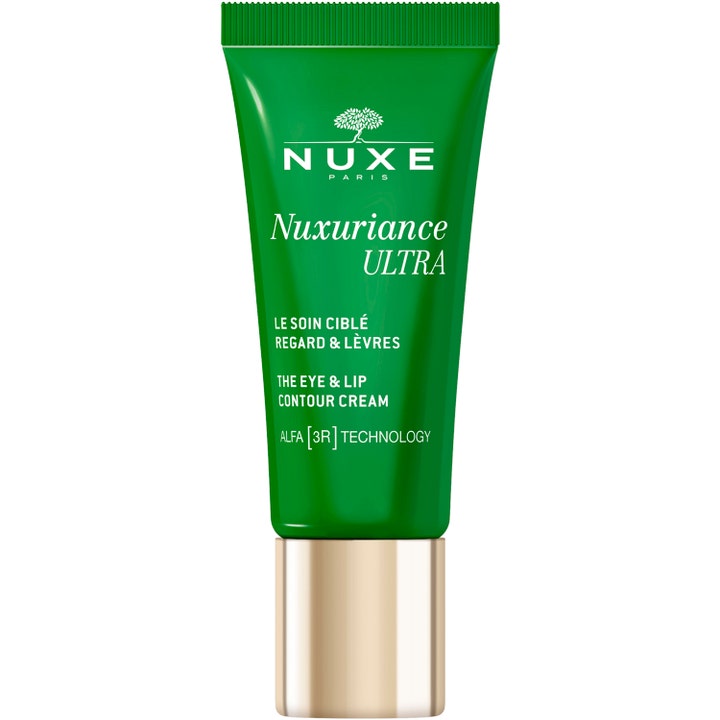 Nuxe Nuxuriance Ultra Eye & Lip Contour Cream 15 ml mot rynker i en glinsende grønn tube med gullkork