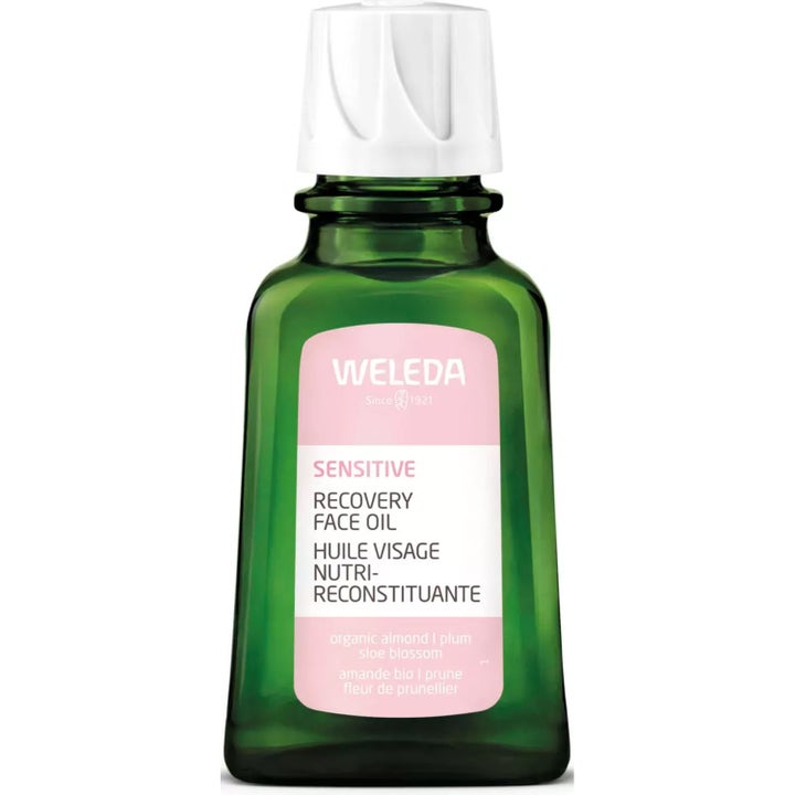 Weleda Sensitive Recovery Face Oil 50 ml beroligende ansiktsolje i grønn glassflaske med hvit kork.