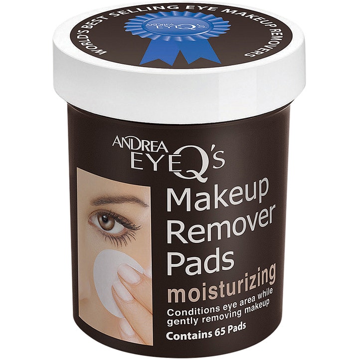Andrea EyeQ's Makeup Remover Pads Moisturizing 65 stk fuktighetsgivende pads i brun krukke med hvitt lokk og blått motiv