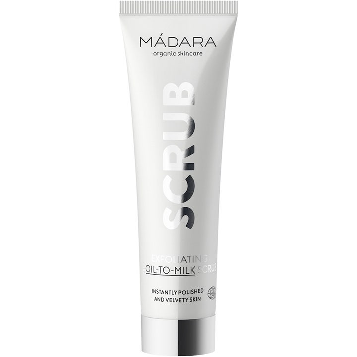 Mádara Exfoliating Oil-to-Milk Scrub eksfolierende ansiktsskrubb i hvit tube med stor vertikal sølvtekst