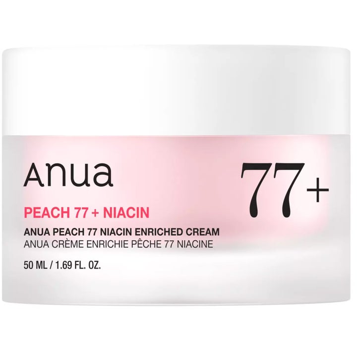 Anua Peach 77 Niacin Enriched Cream 50 ml fuktighetskrem i frostet krukke med hvitt lokk og rosa innhold