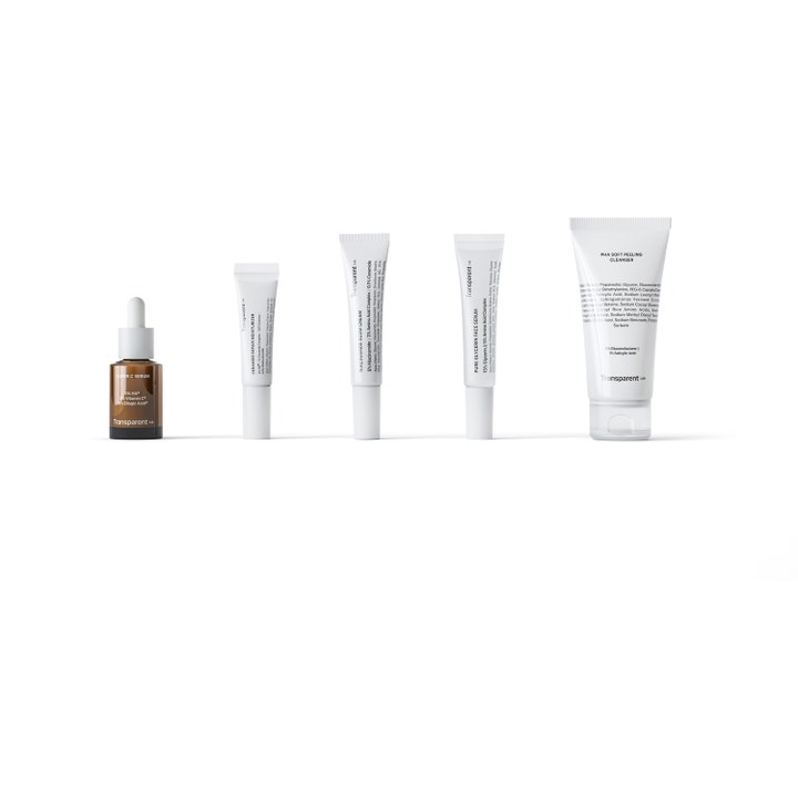 Niche Beauty Lab Transparent Lab Discovery Kit hudpleiesett med fem produkter i tuber og glassflaske