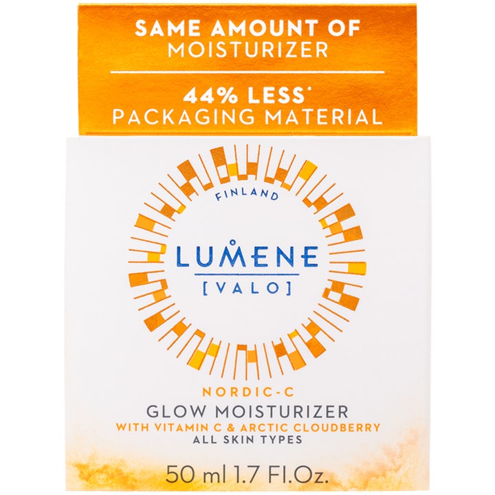 Lumene Nordic-C Glow Moisturizer 50 ml glødgivende dagkrem i hvit eske med oransje sirkel og Vitamin C.
