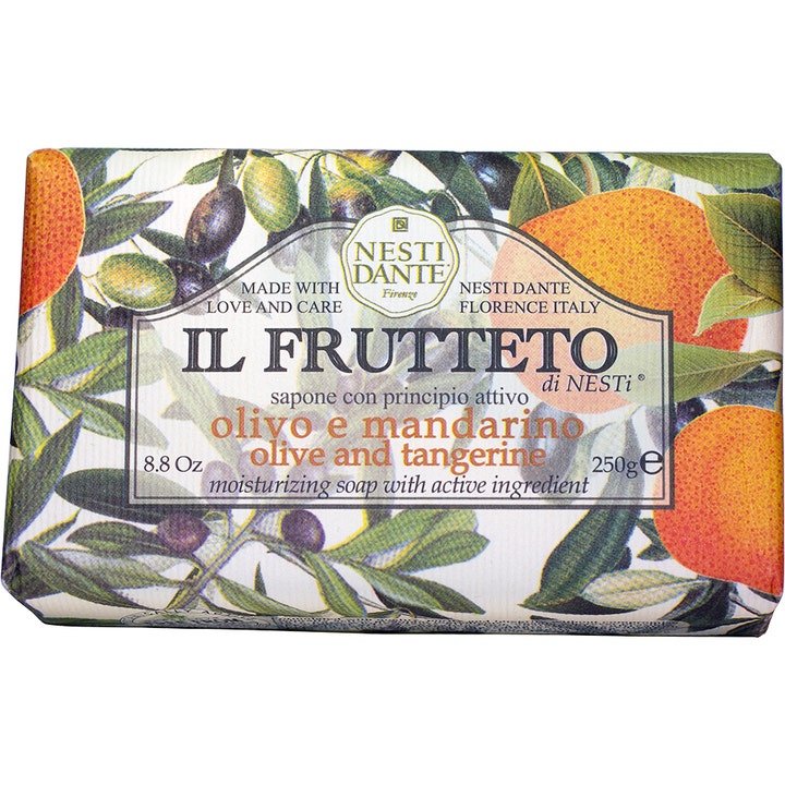 Nesti Dante Il Frutteto Olive and Tangerine 250g fuktighetsgivende såpestykke i papir med dekorative oliven og mandariner