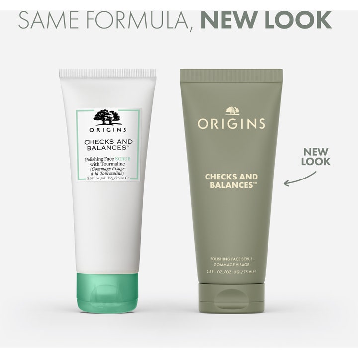 Origins Checks and Balances 75 ml ansiktsskrubb viser gammel hvit og ny olivengrønn tube merket Same Formula New Look.