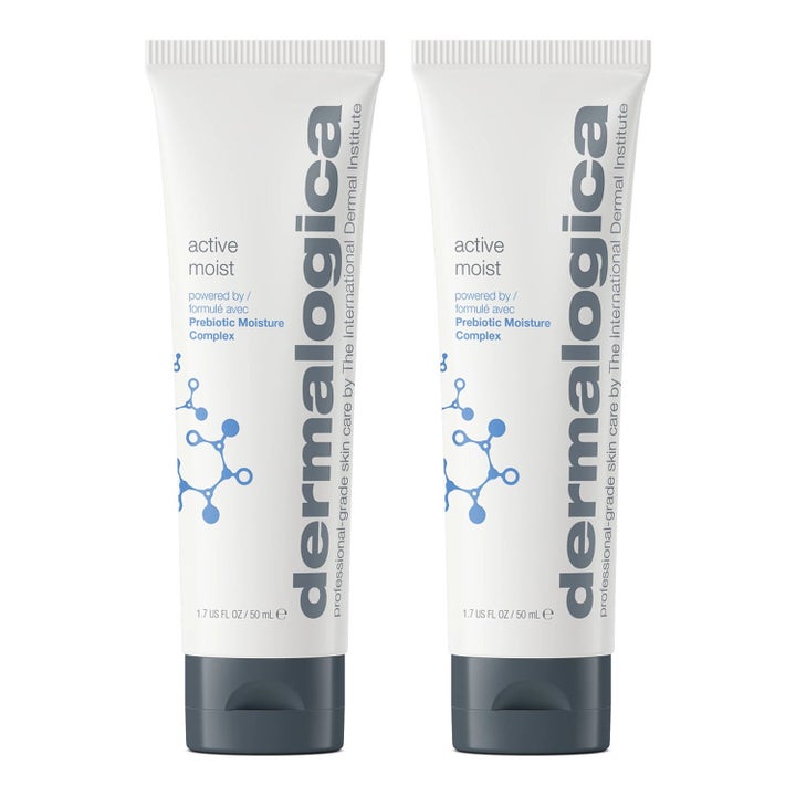 Dermalogica Active Moist 50 ml fuktighetsgivende ansiktskrem i to hvite tuber med grått lokk og blått mønster