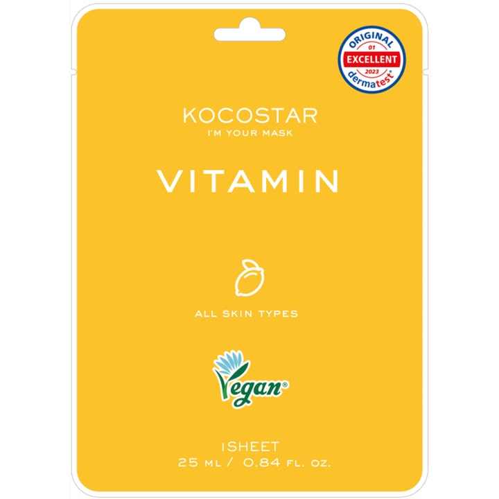 Kocostar Vitamin Mask 25 ml glødgivende sheetmaske i gul rektangulær pakning med et hvitt sitronikon