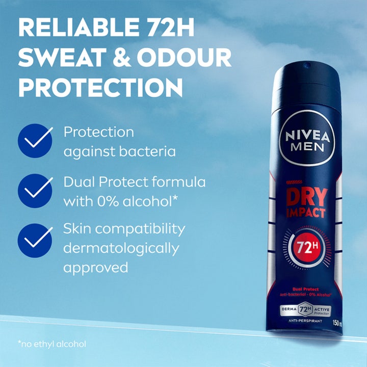 NIVEA Men Dry Impact Spray 150 ml deospray gir 72 timers beskyttelse i blå sprayflaske på lys bakgrunn