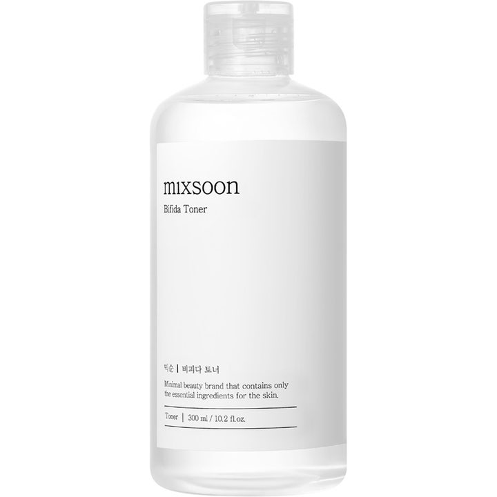 Mixsoon Bifida Toner 300 ml styrkende ansiktsvann i klar plastflaske med minimalistisk hvit etikett